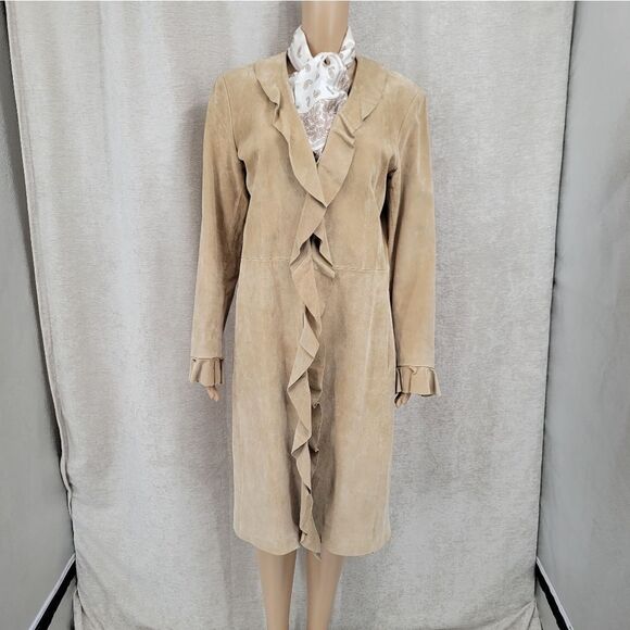 Boston Proper 90s Y2k Tan Suede Leather Trench Long Duster Jacket Boho Western - Picture 5 of 16